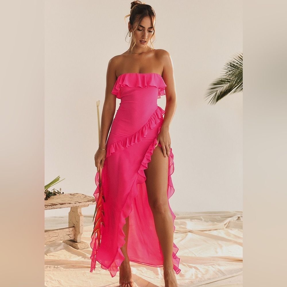 House of CB Ruffle Strapless Maxi Dress M - Hot Pink